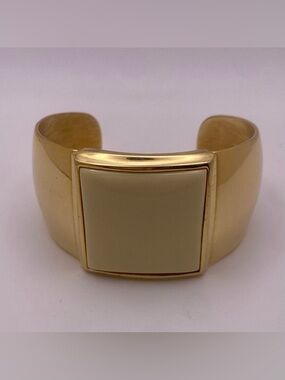Vintage AVON Gold Tone Wide Cuff Bracelet Cream Lucite Inset, 6.5”-7.5”
